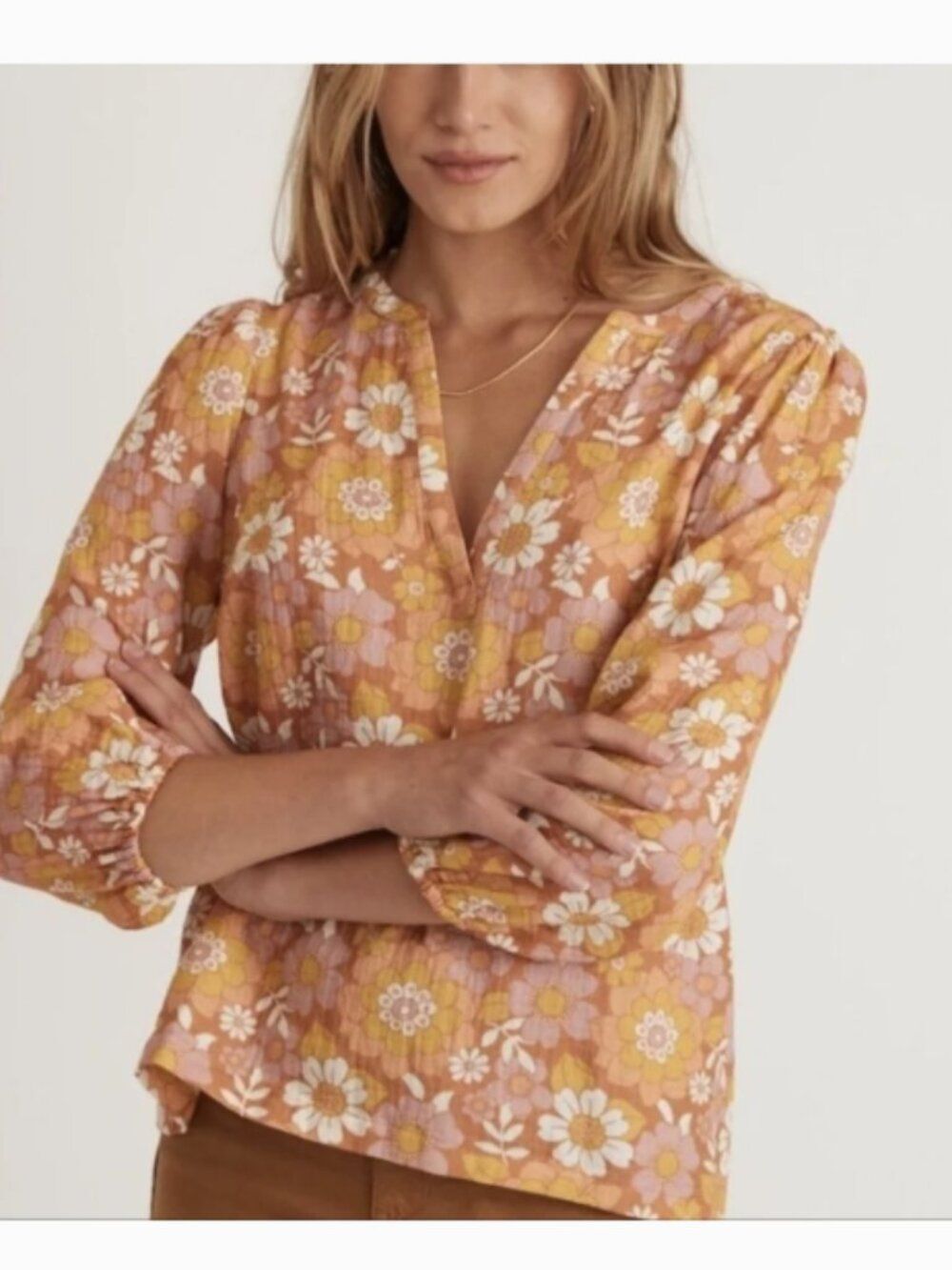 Marine Layer Jamie Banded Collar Top Amber Brown Wallpaper Floral XS